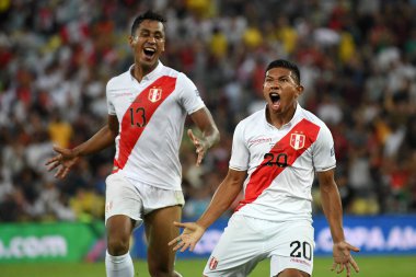 Rio de Janeiro, Brezilya, 18 Haziran 2019. Peru futbol takımından Flores Peralta, Copa America 2019 'un Bolvia x Peru karşılaşmasını Maracana Stadyumu' nda kutluyor..