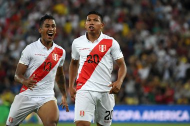 Rio de Janeiro, Brezilya, 18 Haziran 2019. Peru futbol takımından Flores Peralta, Copa America 2019 'un Bolvia x Peru karşılaşmasını Maracana Stadyumu' nda kutluyor..