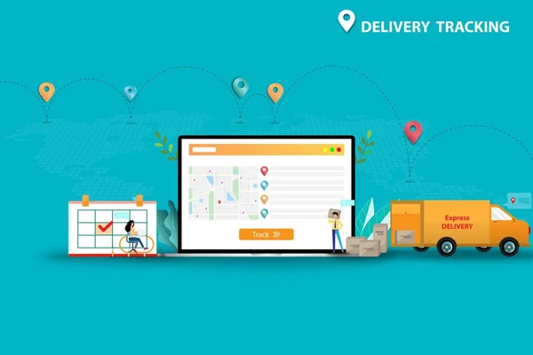 Teslimat takibi, iş adamı ve kadın, sevkiyatı takip etmek ve malları müşterilere teslim etmek için haritanın ve GPS 'in bulunduğu dizüstü bilgisayardaki sevkiyatları takip etmeye çalışıyorlar..