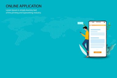 Çevrimiçi başvuru konsepti, genç bir adam yeşil arka planda mezuniyetten sonra üniversite veya iş başvurusu için akıllı telefon kullanarak İnternet 'te arama yapıyor.