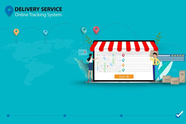 Teslimat hizmeti kavramı, küçük personel sevkiyatı takip etmek ve malları müşterilere teslim etmek için harita ve GPS içeren büyük ekran dizüstü bilgisayarın önünde sevkiyatları hazırlıyor..