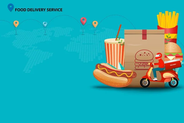 Fast food dağıtım servisi kavramı, personel fast food (soda, sosisli, hamburger ve patates kızartması) servis etmek için scooter kullanıyor..