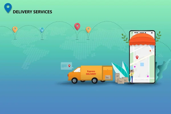 Çevrimiçi izleme sistemine sahip teslimat hizmeti kavramı, küçük personel malları hazırlıyor ve akıllı telefon ekranında gösterilen malları kamyonetle zamanında teslim etmek için sevkiyatı takip ediyor..