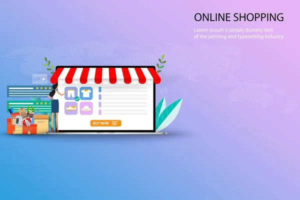 Çevrimiçi alışveriş kavramı, büyük bir dizüstü bilgisayarın önünde duran mini mini mini mini mini mini mini mini mini ürün listesi, müşteri değerlendirmeleri ve pastel renk arka planda yeni bir pantolon sipariş etmek için.
