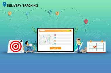 Teslimat takibi, iş adamı ve kadın büyük bir dizüstü bilgisayarın yanında çalışıyorlar. Bu ekranda sevkiyatı izlemek ve malları müşterilere teslim etmek için harita ve GPS var..
