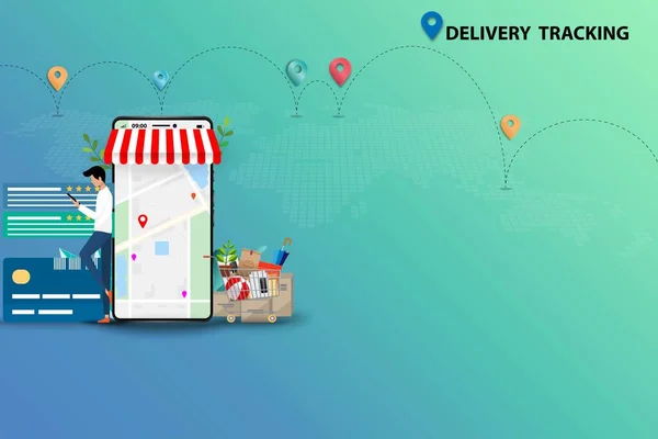 Teslimat takibi kavramı, akıllı telefon tutan genç bir adam ve içinde harita, GPS, müşteri değerlendirmesi ve siparişi online sipariş üzerinden takip etmek için büyük ekranın yanında duran..