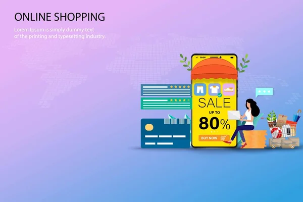 Çevrimiçi alışveriş kavramı, iş kadını yeni bir gömlek sipariş etmek için akıllı telefon, indirim oranı, ürün listesi, müşteri değerlendirmesi ve eleştiriler içeren büyük bir altın para yığınının üzerinde oturuyor..