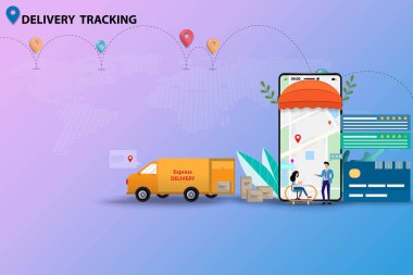 Teslimat takibi kavramı, iş adamı ve kadın akıllı telefon ekranında malların minibüsle müşteriye zamanında teslim edilmesi için gösterilen sevkiyatı takip etmeyi tartışıyor..