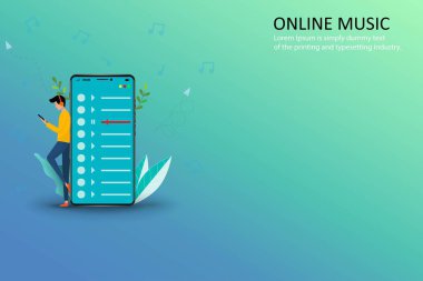 İnternet çevrimiçi radyo yayını, müzik uygulamaları, çalma listesi çevrimiçi podcast konsepti, genç bir adam yeşil ağaç yapraklarının modern arka planında akıllı telefon kullanarak müzik dinliyor..
