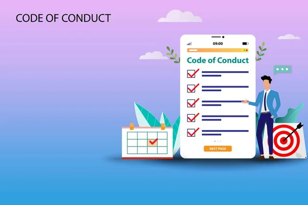 Concept Entreprise Code Conduite Homme Affaires Est Debout Près Une — Image vectorielle