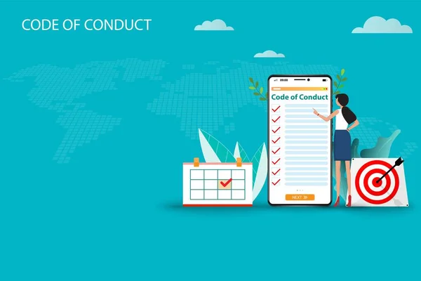 Conceito Negócio Código Conduta Empresária Está Perto Grande Smartphone Que —  Vetores de Stock