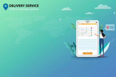Teslimat hizmeti ve çevrimiçi izleme sistemi kavramına göre, genç kadın tıbbi yeşil bir maske takıyor ve akıllı telefonun önünde duruyor..