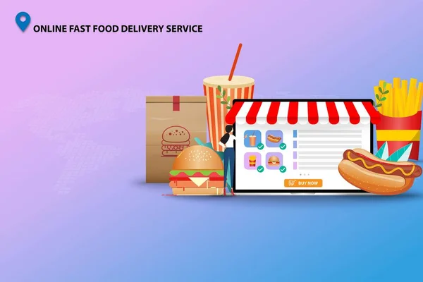 Çevrimiçi fast food servisi kavramı, fast food sipariş etmek için dizüstü önünde duran genç kadın (köpüklü su, sosisli, hamburger ve patates kızartması) mavi pembe tonlu arka plan.
