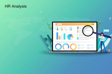 İnsan Kaynakları Konsepti, İK yöneticisi büyük bir büyüteç tutuyor ve yeni personel toplamak için bilgisayar ekranına odaklanıyor ya da mavi yeşil tonda çalışan performansını analiz ediyor..