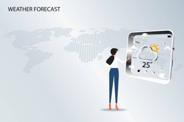 Hava tahmini teknolojisi kavramı, genç bir kadın tıbbi beyaz bir maske takıyor ve dışarı çıkmadan önce hava durumunu kontrol etmek için uygulama simgesi içeren akıllı saat ekranına dokunuyor. Vektör 3 boyutlu tasarım.