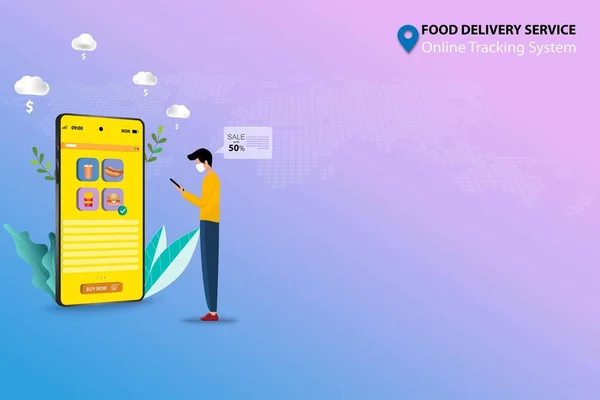 Çevrimiçi fast food servis hizmeti kavramı, genç adam fast food (köpüklü su, hot dog, hamburger ve patates kızartması) sipariş etmek için elinde bir akıllı telefon bulundurmaktadır.