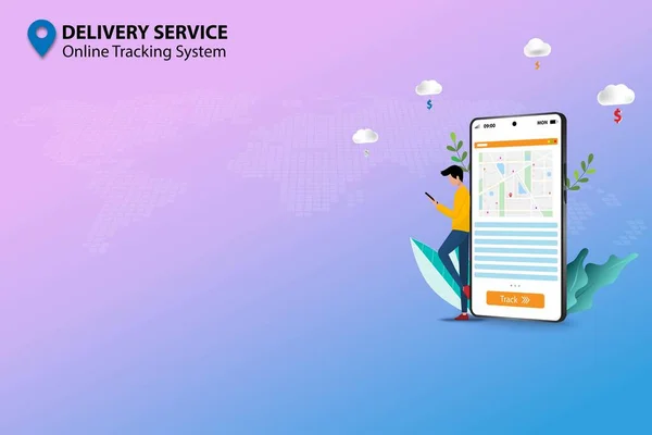 Çevrimiçi izleme sistemine sahip teslimat hizmeti kavramı, genç bir adam akıllı bir telefon tutuyor ve içinde harita olan büyük bir ekranın yanında duruyor, ve internetten siparişi takip etmek için GPS.