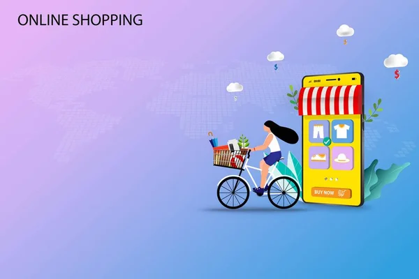 在网上购物的概念下 年轻女子骑自行车去商店取已经从申请电话中订购的商品 然后选择在商店取 — 图库矢量图片