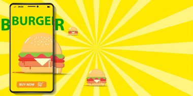 Burger Banner 'ın vektör çizimi. Sarı arkaplanda akıllı telefondan uygulamalı online sipariş.
