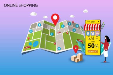 Çevrimiçi alışveriş kavramı, genç bir kadın tıbbi beyaz bir maske takıyor ve elinde akıllı bir telefonla büyük bir harita ve bakış açısıyla yeni bir ayakkabı siparişi veriyor.. 