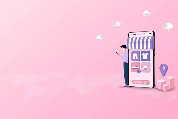 Çevrimiçi alışveriş kavramı, genç adam tıbbi beyaz bir maske takıyor ve pembe arka planda yeni bir ayakkabı sipariş etmek için akıllı bir telefon tutuyor. Vektör 3 boyutlu tasarım.