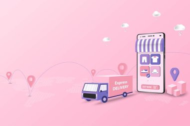 Teslimat hizmeti ve ekspres teslimat kavramı, kamyon, mobil uygulamadan pembe ve mor renk temalı ürünleri sipariş eden müşteriye teslim etmeye hazır. Vektör 3 boyutlu tasarım.