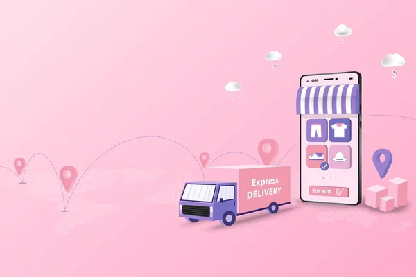 Teslimat hizmeti ve ekspres teslimat kavramı, kamyon, mobil uygulamadan pembe ve mor renk temalı ürünleri sipariş eden müşteriye teslim etmeye hazır. Vektör 3 boyutlu tasarım.