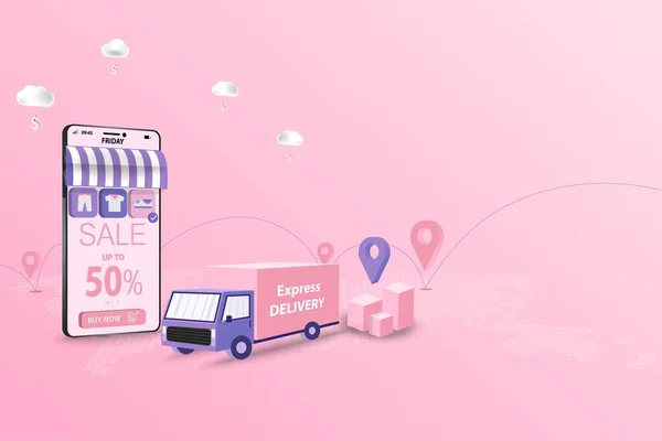 Çevrimiçi ve çevrimdışı alışveriş kavramı, kamyon pembe ve mor renk temalı cep telefonu uygulamasından sipariş veren müşteriye malları teslim etmeye hazır. Vektör 3 boyutlu tasarım.