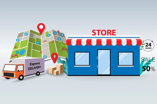 Concetto Shopping Offline Camion Pronto Consegnare Merce Dal Negozio Cliente — Vettoriale Stock