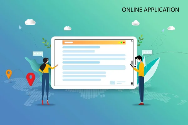 Çevrimiçi başvuru kavramı, genç erkek ve kadın üniversite veya mezuniyetten sonra iş başvurusunda bulunacak bir kurs bulmak için tablet kullanarak internette arama yapıyorlar..