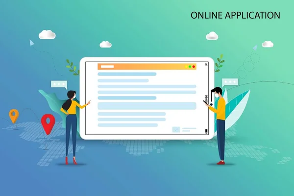 온라인 애플리케이션 남녀는 대학과 지원서에 강좌를 태블릿을 사용하여 인터넷을 검색하고 — 스톡 벡터