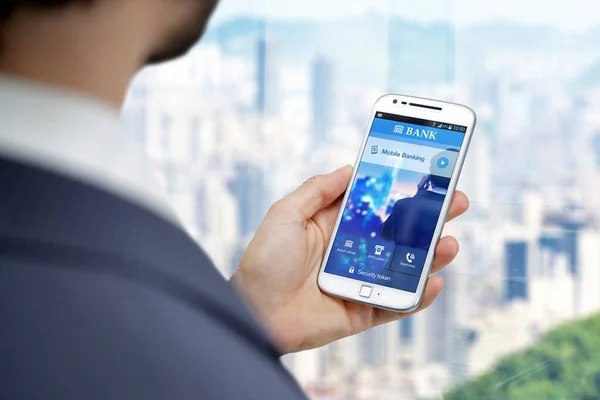 Business Man Con Smartphone App Home Banking Sullo Schermo Banca — Foto Stock