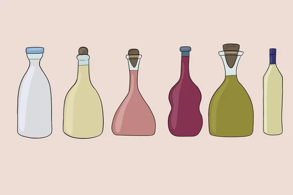 Set con diferentes botellas de colores con líquido: aceite, vino, agua, leche — Foto de Stock