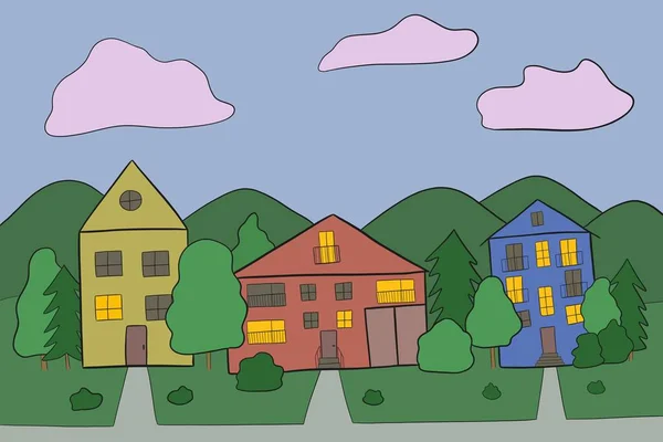 Mała wioska kreskówkowa z kolorowymi domami, lasem i górami — Zdjęcie stockowe