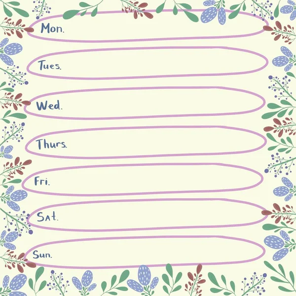 Beautiful modern page for the weekly planner of a weekly planning notebook with days with unusual cute flowers — Stock Photo, Image