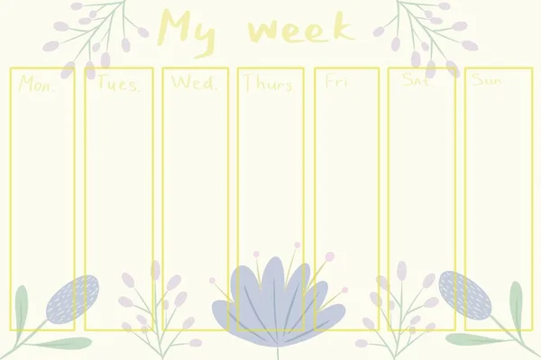 Современная страница для еженедельного планировщика недельной тетради с днями с необычными милыми цветами — стоковое фото
