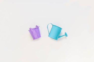 Oyuncaklar, demir turkuaz sulama kutusu ve menekşe kovası, beyaz arka planda. Düz Yat. Tarım kavramı.