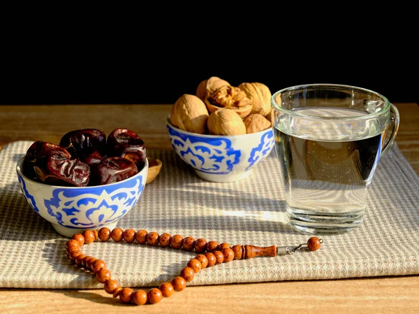 Cups Traditional Oriental Pattern Dates Walnuts Glass Clear Water Stone — Stock Photo, Image