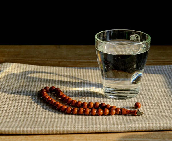 Glass Clear Water Stone Rosary Napkin Sunset First Meal Muslim — Stock Photo, Image
