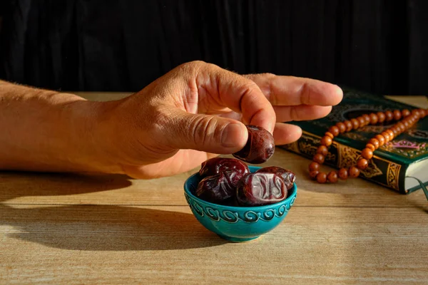 Hand Senior Muslim Man Taking Dates Turquoise Bowl Traditional Oriental — Stock Photo, Image