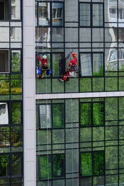 Temizlik servisinden iki endüstriyel tırmanıcı modern bir apartmanın cam cephesini yıkıyor. İp erişimi