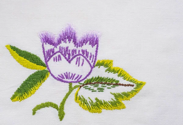 Fantasy flower embroidered with stitch on white linen natural fabric. — Stock Photo, Image