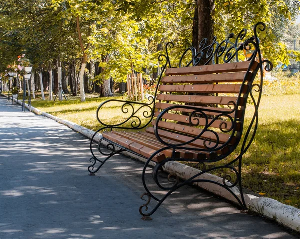 Şehir parkındaki karanlık bir sokakta demir dirseklikleri olan romantik ahşap bir bank. Kapat..