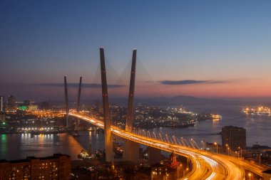 Vladivostok Rusya 24 Kasım 2018. Kartal tepesinden Altın Köprü 'ye ve Altın Boynuz Körfezi Gecesi şehrine.