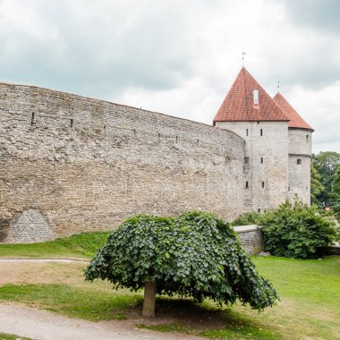 Estonya 'nın Tallinn Eski Kasabası kuleleri olan ortaçağ kale duvarının bir parçası.