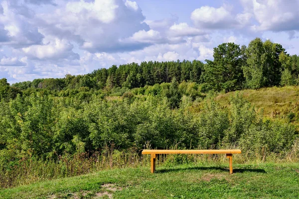 Sommar Landsbygd Orange Träbänk Står Kulle Över Bakgrunden Skog Och — Stockfoto