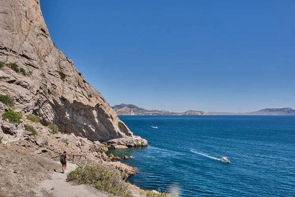 Mountain Sea Landscape People Walk Tourist Route Golitsyn Trail Botanical — Stock Photo, Image