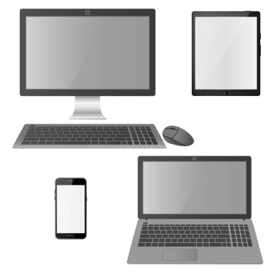 Bilgisayar monitörü, laptop, tablet ve boş ekranlı akıllı telefon. Boş ekranlı bir grup cihaz. Beyaz arkaplanda vektör illüstrasyonu.