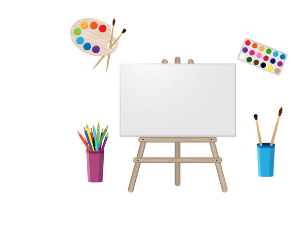 Set of art supplies. Easel, paints, brushes, pencils. Isolated on white background.