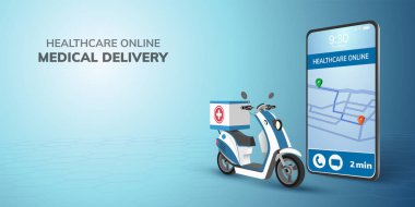 Dijital Çevrimiçi Sağlık Hizmeti Taşımacılığı Doktor Teslimat Simgesi Scooter 'da, mobil internet sitesi geçmişi var. Acil sağlık konsepti. 3 boyutlu vektör illüstrasyonu. düz dizayn. Boşluğu kopyala